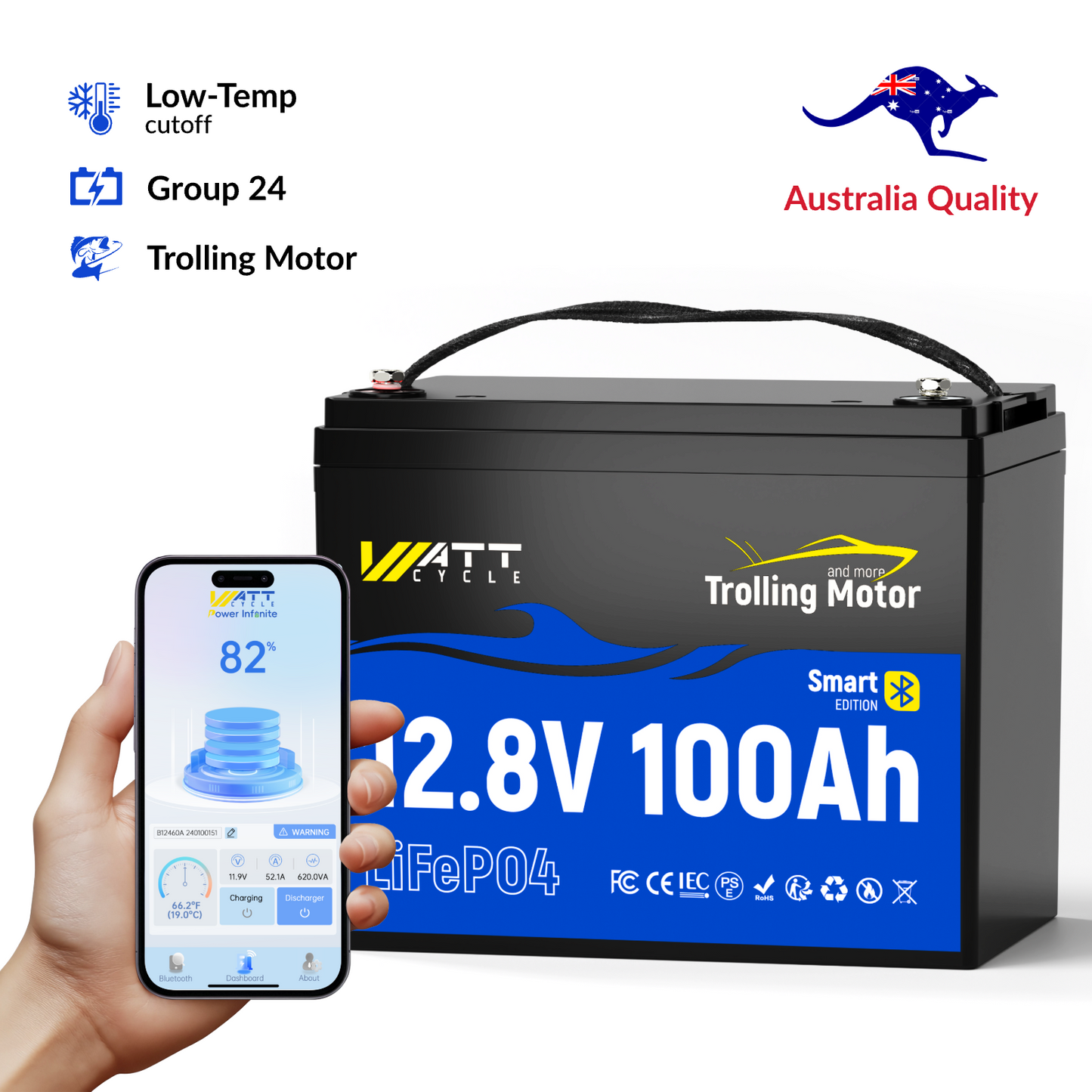 WattCycle AU - 12V 100Ah Group 24 LiFePO4 Battery with Bluetooth for Trolling Motors