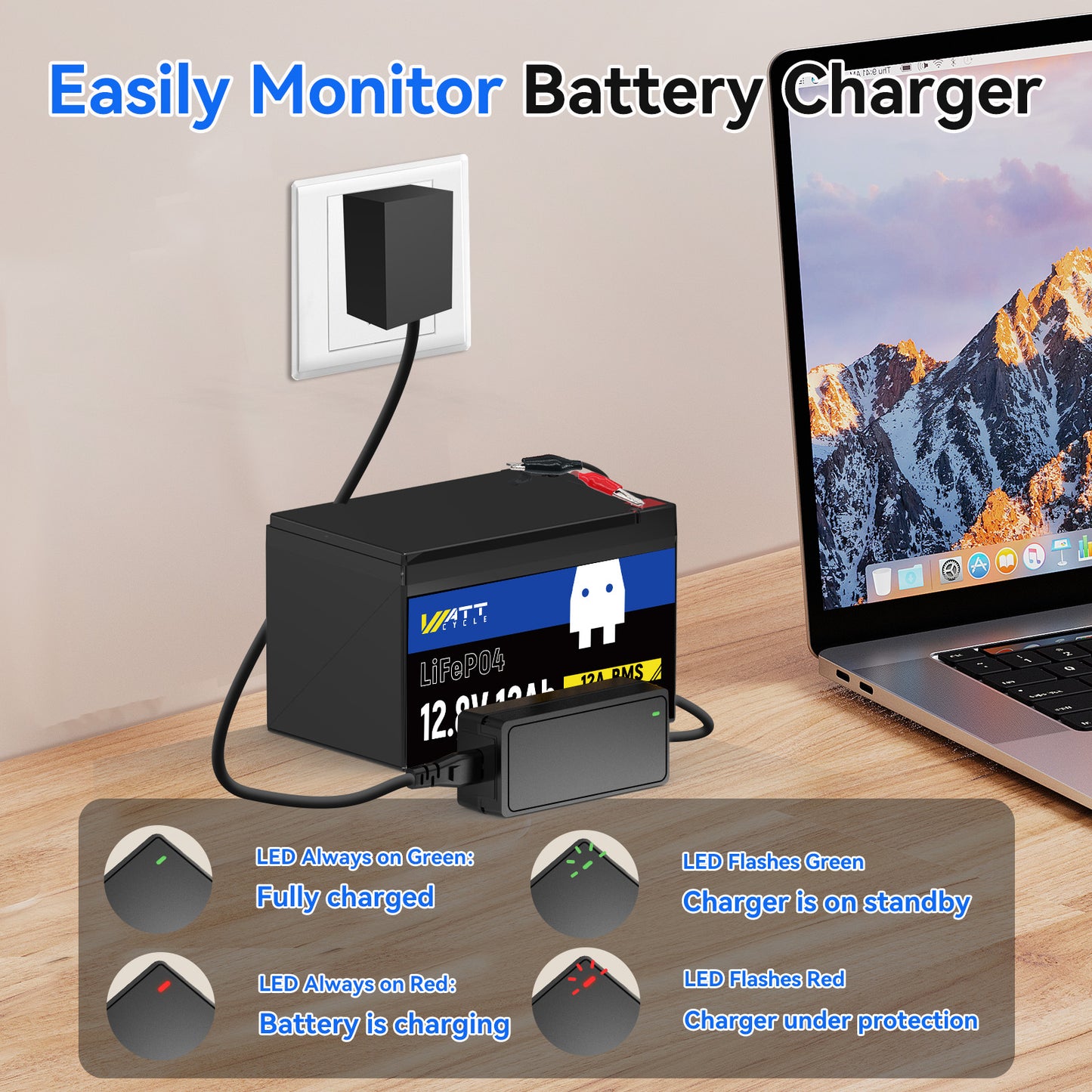 WattCycle AU - 14.6V 5A Plastic Shell LiFePO4 Battery Charger - USA PLUG with 100V -240V