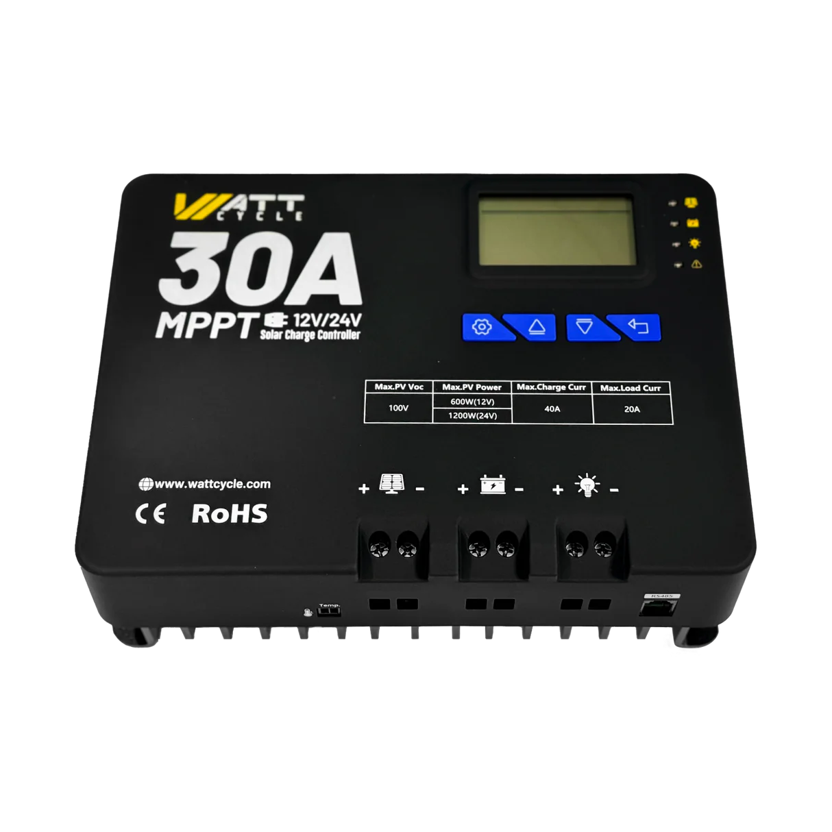 WattCycle 30A MPPT 12V/24V Solar Charge Controller