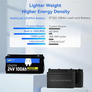 WattCycle 24V 100Ah LiFePO4 Battery – Low-Temperature Protection for 30–70 lbs Trolling Motors