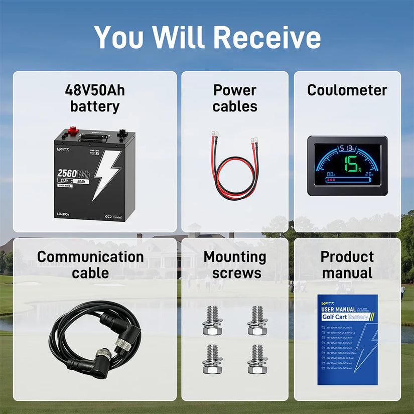WattCycle 48V 50Ah Bluetooth LiFePO₄ Battery with 100A BMS – For Golf Carts & Ride-On Mowers