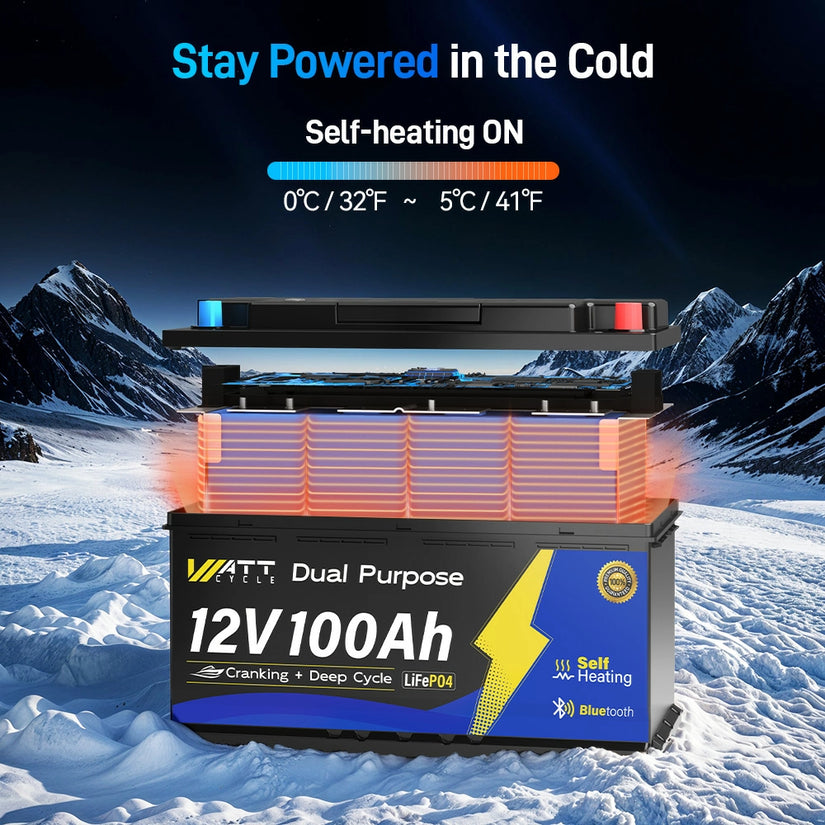 WattCycle 12V 100Ah Dual Purpose Marine Cranking LiFePO₄ Battery – 1200CCA, Bluetooth & Self-Heating