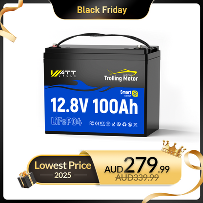 【BLACK FRIDAY SALES】WattCycle - 12V 100Ah Group 24 LiFePO4 Battery with Bluetooth for Trolling Motors