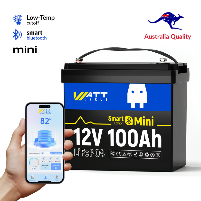 WattCycle 12V 100Ah Mini Bluetooth LiFePO₄ Battery – Group 22NF, Lightweight Compact Power