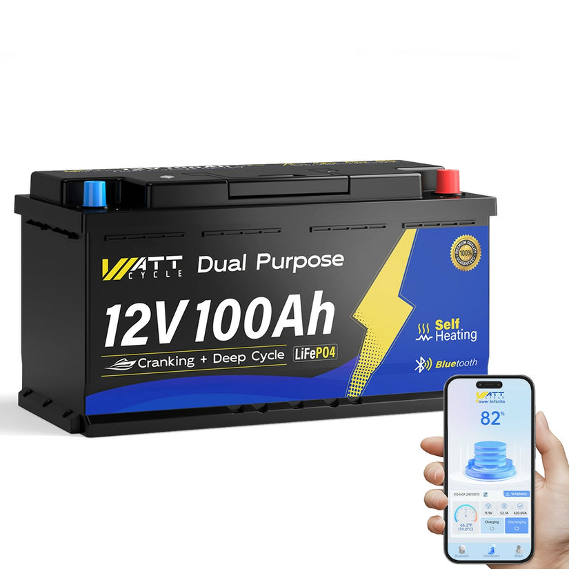 WattCycle 12V 100Ah Dual Purpose Marine Cranking LiFePO₄ Battery – 1200CCA, Bluetooth & Self-Heating