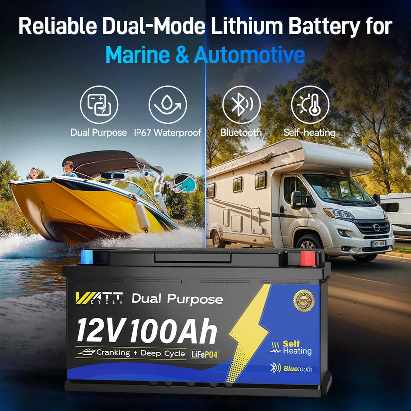 WattCycle 12V 100Ah Dual Purpose Marine Cranking LiFePO₄ Battery – 1200CCA, Bluetooth & Self-Heating