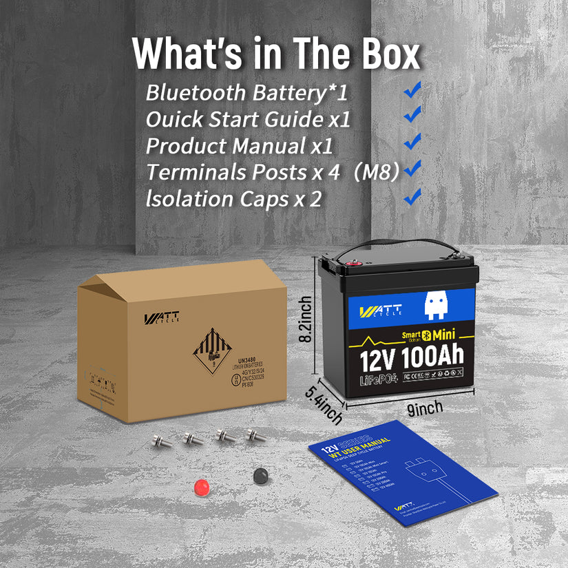 WattCycle 12V 100Ah Mini Bluetooth LiFePO₄ Battery – Group 22NF, Lightweight Compact Power