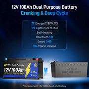 WattCycle 12V 100Ah Dual Purpose Marine Cranking LiFePO₄ Battery – 1200CCA, Bluetooth & Self-Heating
