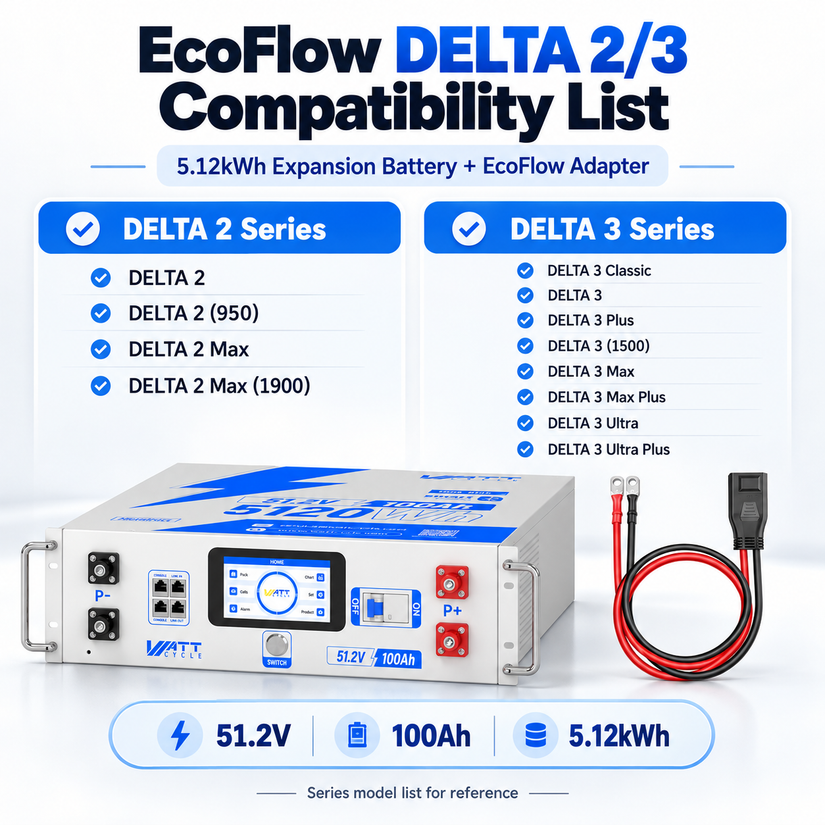 WattCycle V2.5 5.12kWh 48V 100Ah Rack LiFePO4 Battery – Bluetooth Monitoring & Active Balancing & LCD & Smart Comms