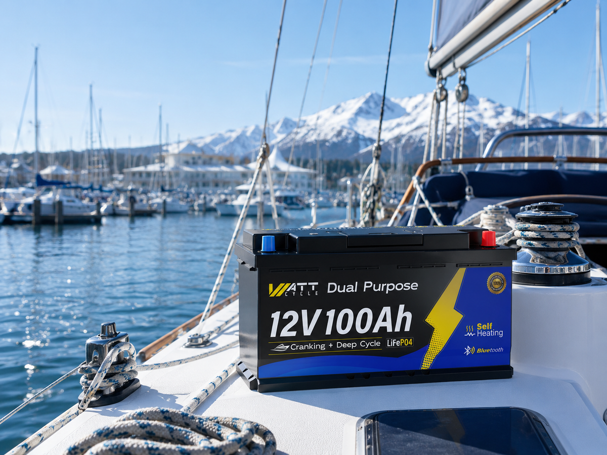 WattCycle 12V 100Ah Dual Purpose Marine Cranking LiFePO₄ Battery – 1200CCA, Bluetooth & Self-Heating