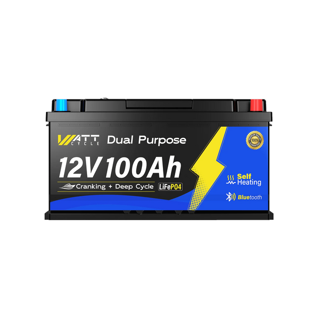 WattCycle 12V 100Ah Dual Purpose Marine Cranking LiFePO₄ Battery – 1200CCA, Bluetooth & Self-Heating