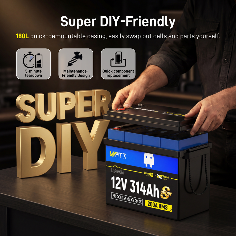 WattCycle 12V 314Ah Mini Super Powerhouse LiFePO₄ Battery – Bluetooth, 3A Active Balancer & Low-Temp Protection