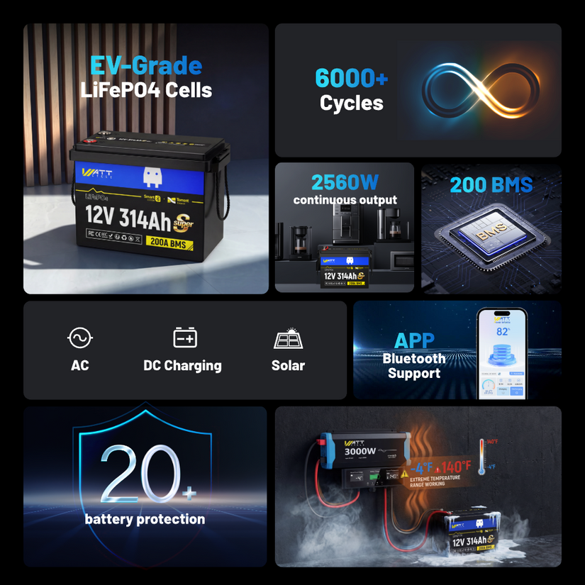 WattCycle 12V 314Ah Mini Super Powerhouse LiFePO₄ Battery – Bluetooth, 3A Active Balancer & Low-Temp Protection