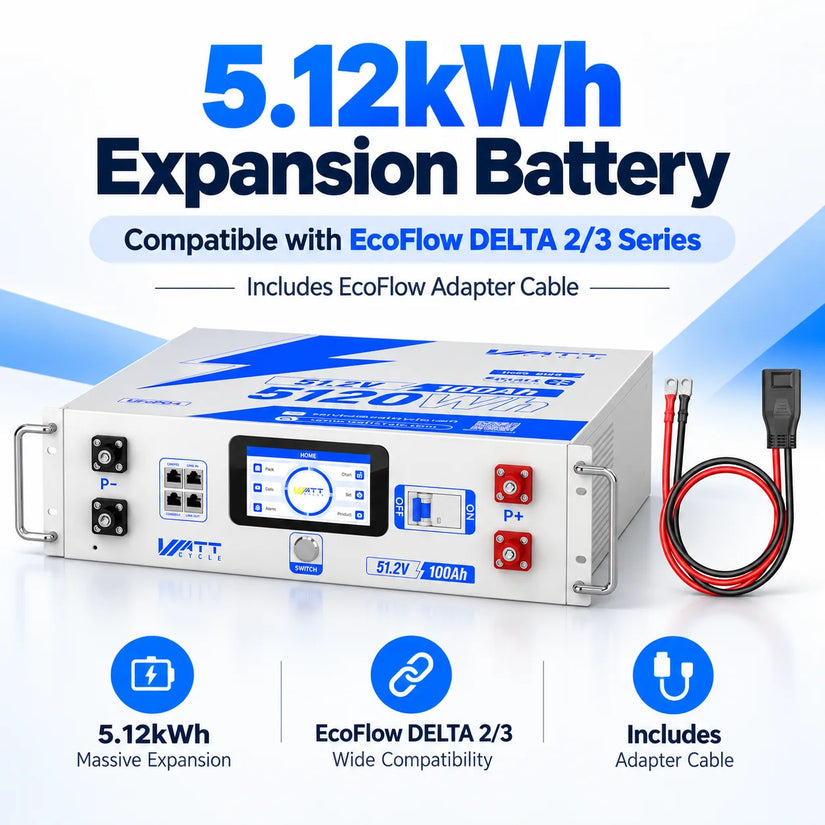 WattCycle V2.5 5.12kWh 48V 100Ah Rack LiFePO4 Battery – Bluetooth Monitoring & Active Balancing & LCD & Smart Comms