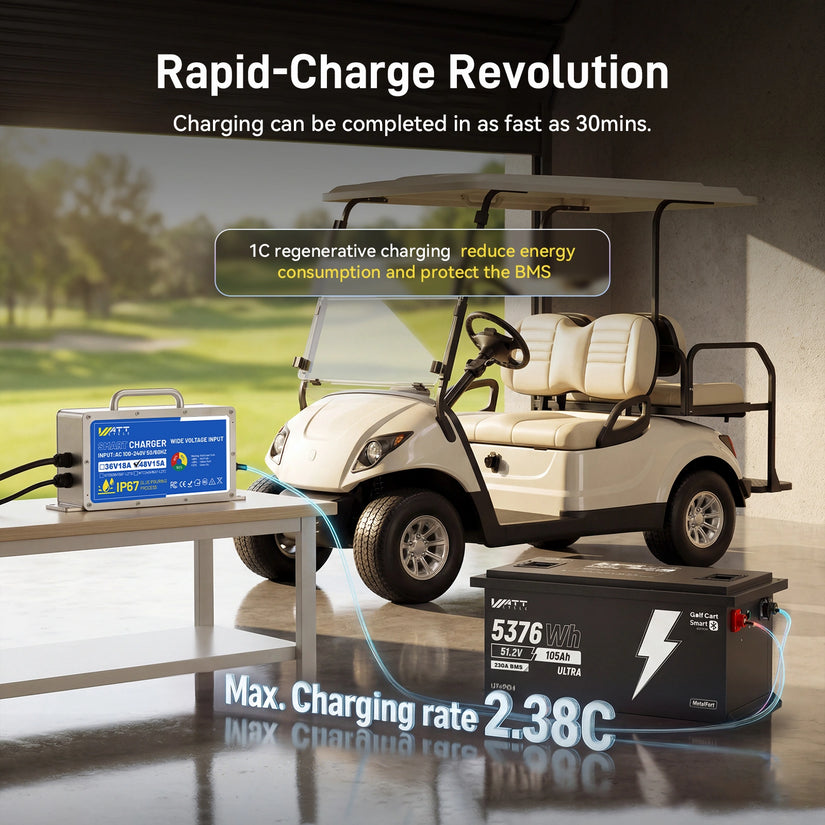 WattCycle 48V 105Ah (5.38kWh) Bluetooth LiFePO₄ Golf Cart Battery – 250A BMS & EVE Grade A Cells