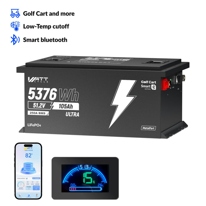 WattCycle 48V 105Ah (5.38kWh) Bluetooth LiFePO₄ Golf Cart Battery – 250A BMS & EVE Grade A Cells