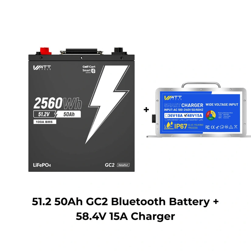 WattCycle 48V 50Ah Bluetooth LiFePO₄ Battery with 100A BMS – For Golf Carts & Ride-On Mowers