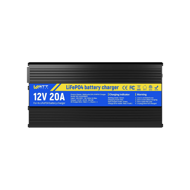 WattCycle 12V (14.6V) 20A Aluminum Shell LiFePO4 Battery Charger