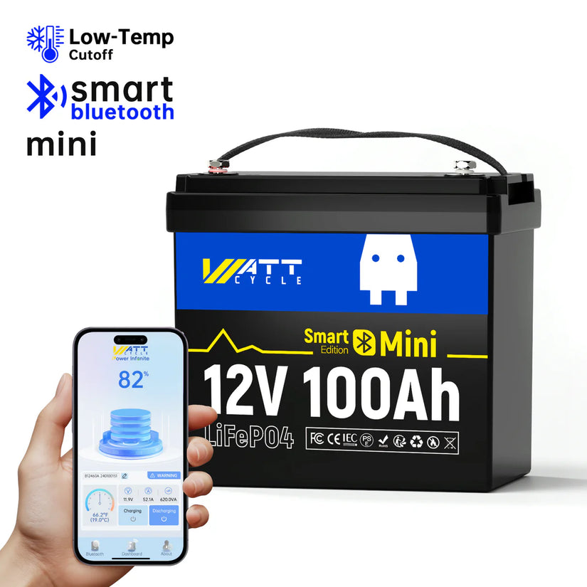 WattCycle 12V 100Ah Mini Bluetooth LiFePO₄ Battery – Group 22NF, Lightweight Compact Power