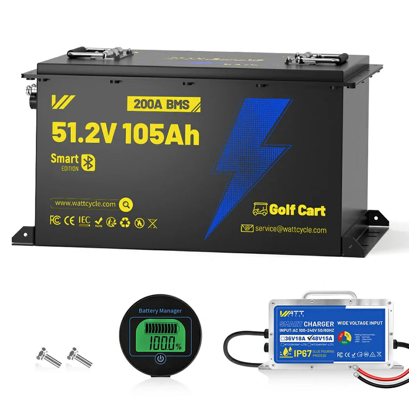WattCycle 48V 105Ah Golf Cart LiFePO4 Battery – 200A BMS & Metal Housing