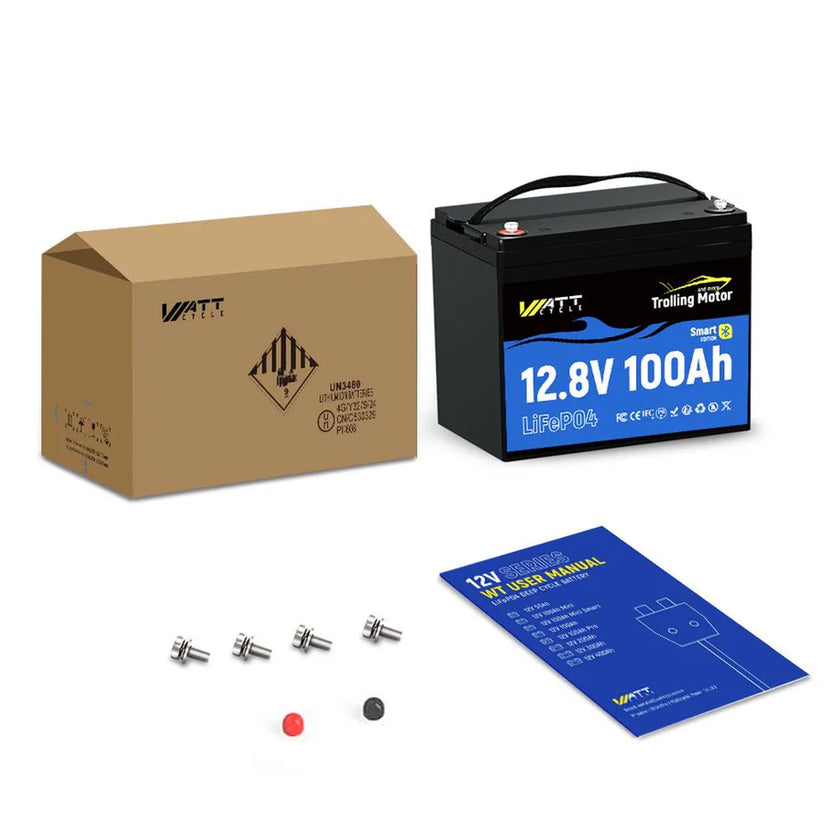 WattCycle 12V 100Ah Bluetooth Trolling Motor LiFePO₄ Battery – 120A BMS Surge Protection for 30–70 lbs Motors