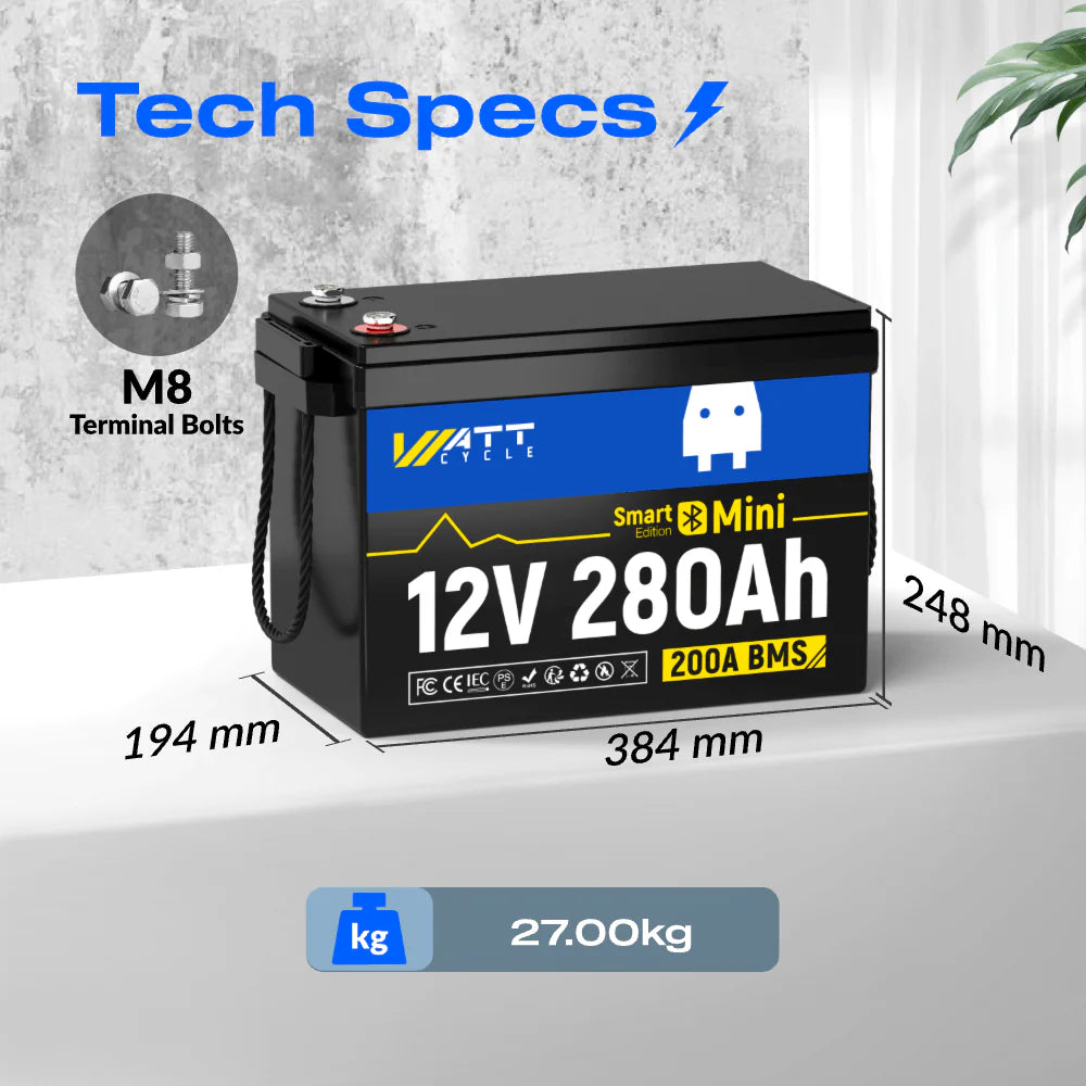 【Pre-Sale】【Easter Sale: 6% OFF】WattCycle AU - 12V 280Ah Mini LiFePO4 Battery with Bluetooth