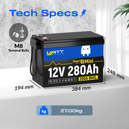 【Pre-Sale】【Easter Sale: 6% OFF】WattCycle AU - 12V 280Ah Mini LiFePO4 Battery with Bluetooth