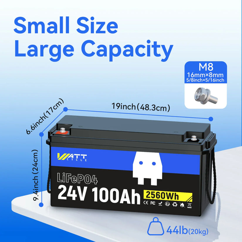 WattCycle 24V 100Ah LiFePO4 Battery – Low-Temperature Protection for 30–70 lbs Trolling Motors