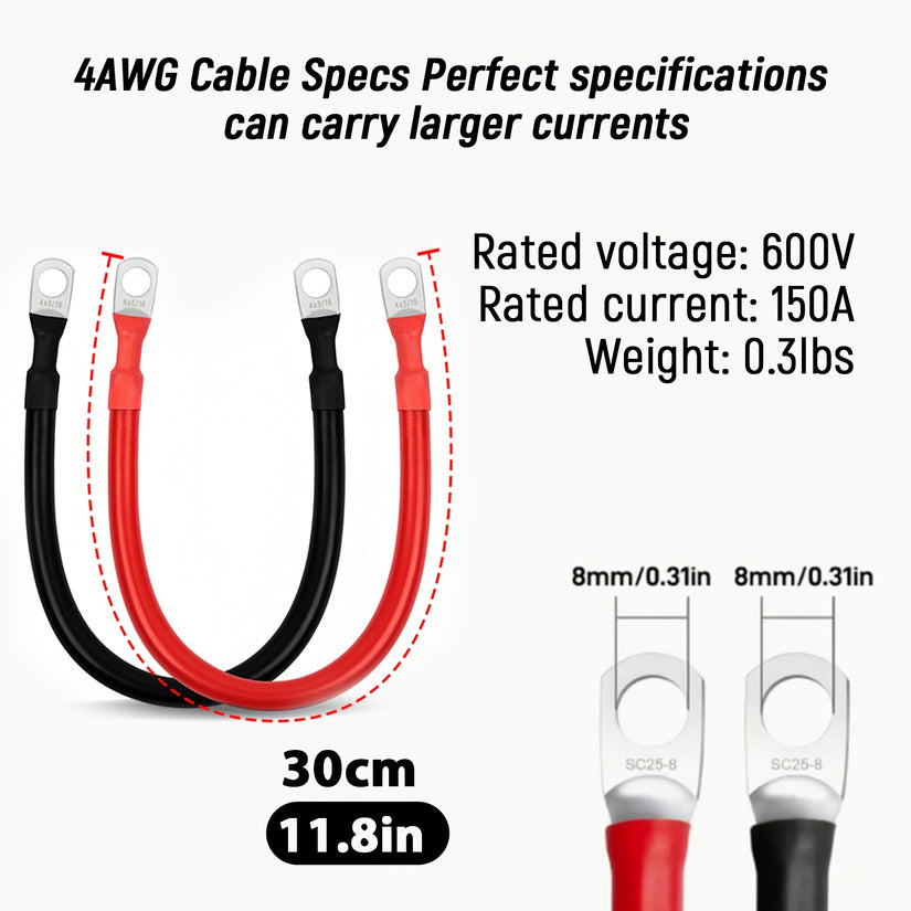 WattCycle Battery Cable Set, 2pcs 4 AWG + 2pcs 6 AWG Pure Copper Wires with Terminals for Solar, RV, Marine, Boat & Inverter